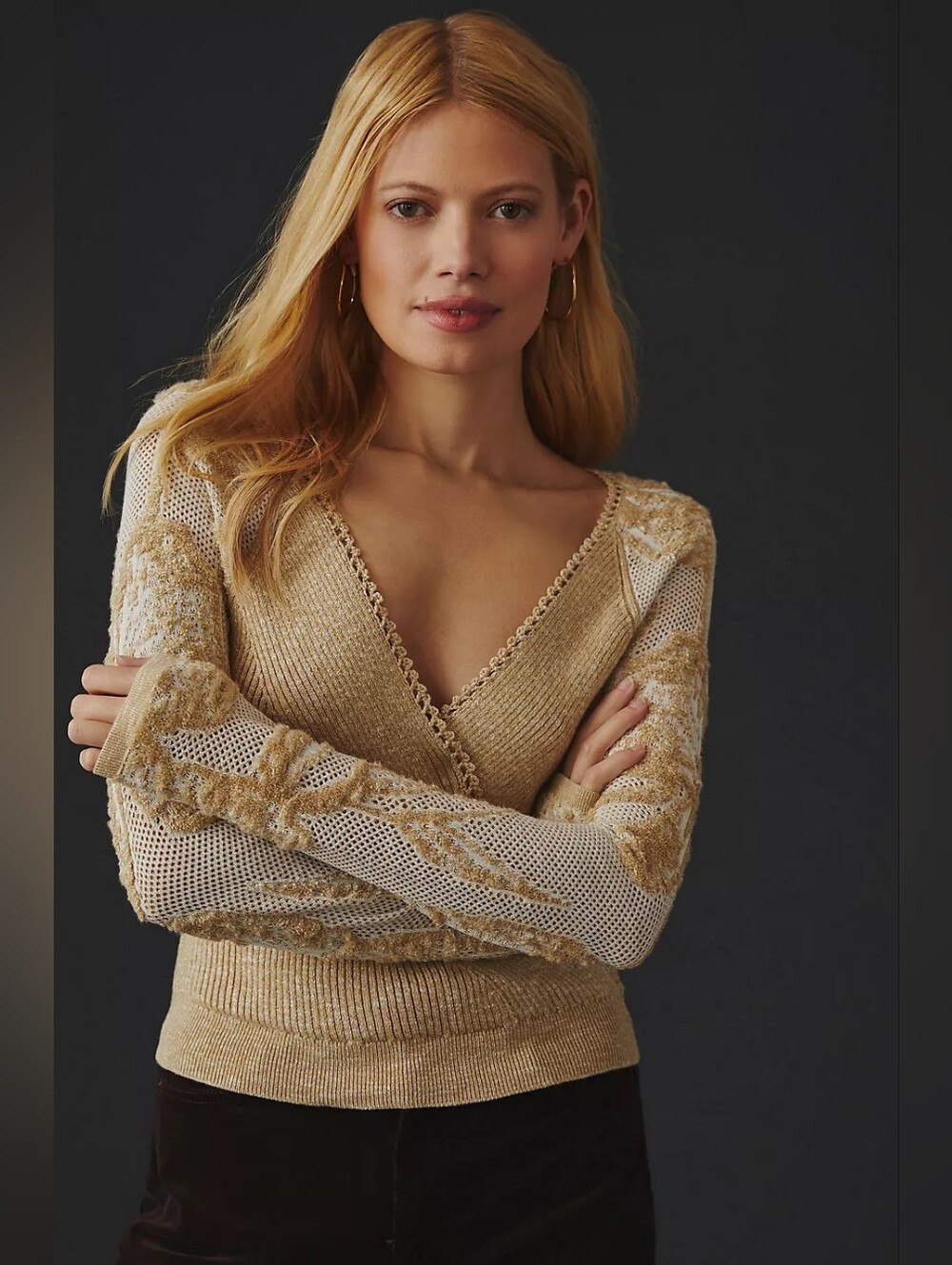 Anthropologie Lace-Sleeved Wrap Sweater Gold Beige Metallic XL $138